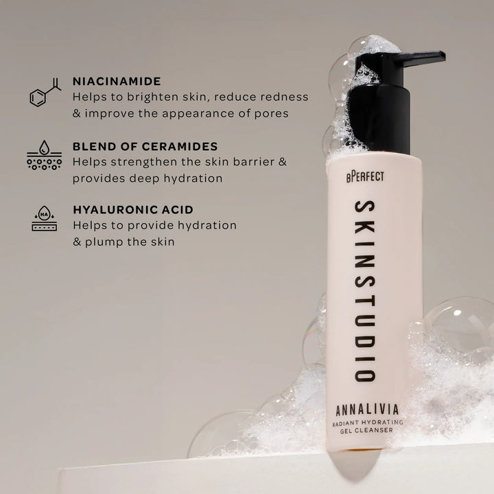 Skincare product with text detailing ingredients and benefits on a neutral background