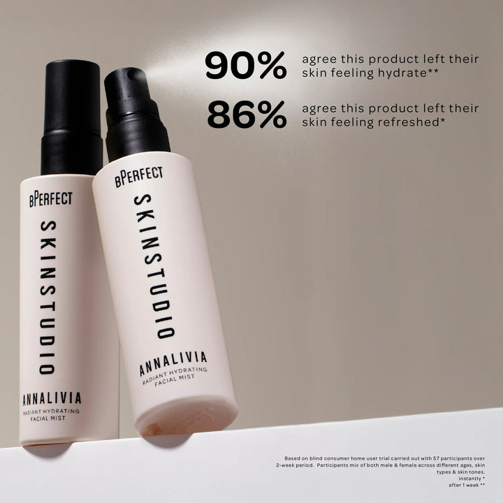 Two bottles of BPerfect Skin Studio Annalivia facial mist on a neutral background with product feedback text.